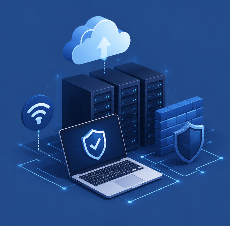 Modern enterprise IT infrastructure illustration with cloud computing, cybersecurity, network servers, firewall protection, WiFi connectivity, and remote IT support on a blue technology background