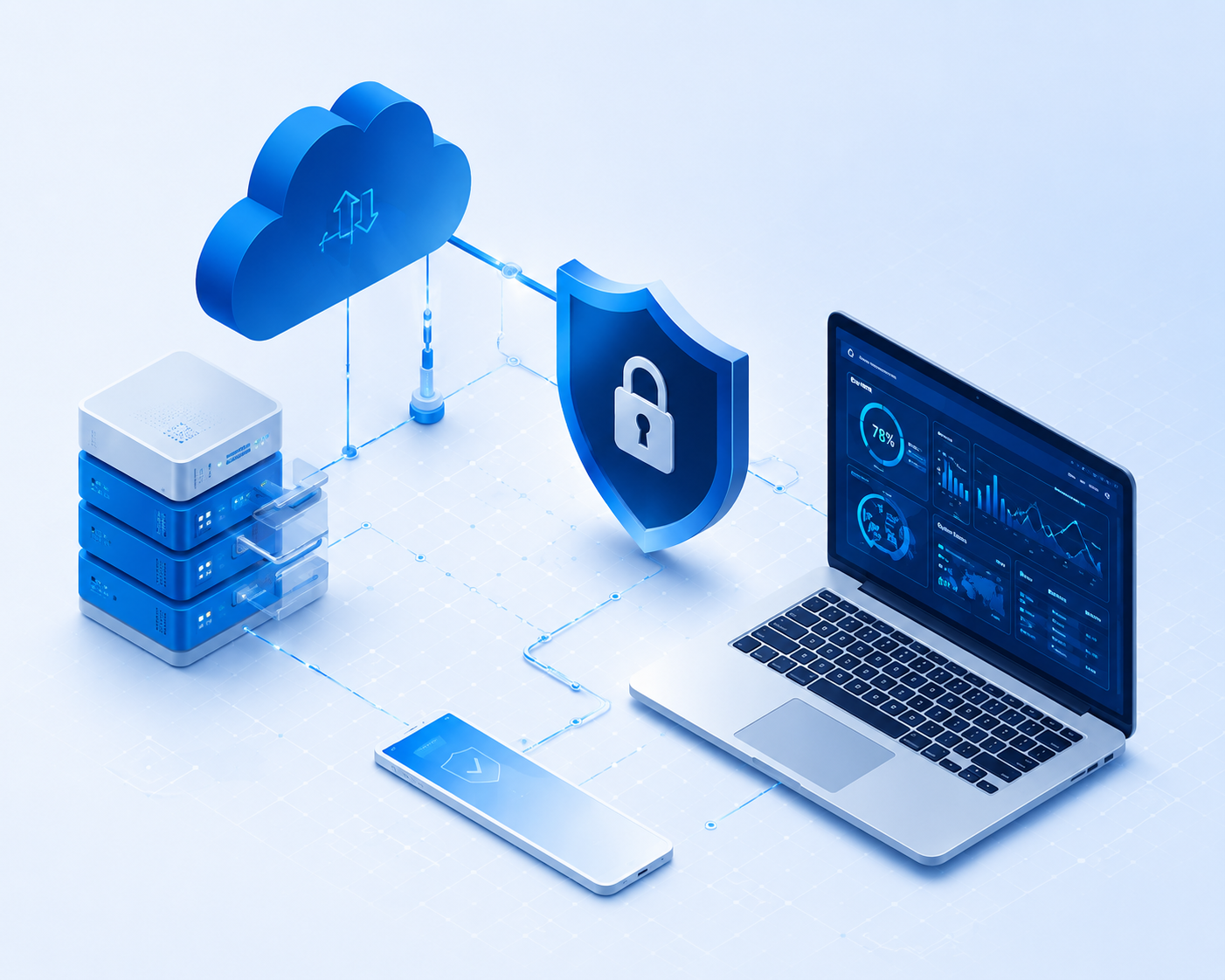 3D isometric cloud security illustration featuring connected servers, a cybersecurity shield, cloud infrastructure, laptop analytics dashboard, and mobile device monitoring within a secure managed IT services environment.